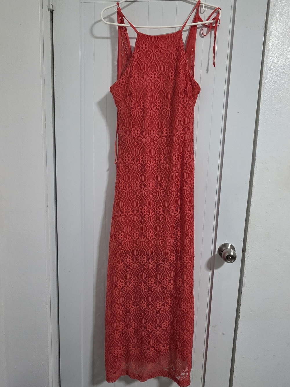 Coral Lace Maxi Dress with Tie Straps